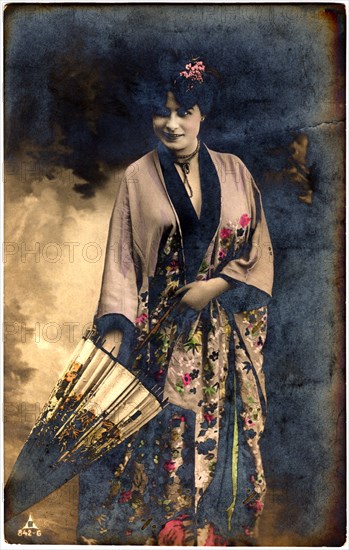 Woman in Kimono Standing with Parasol, Hand-Colored Postcard, circa 1912