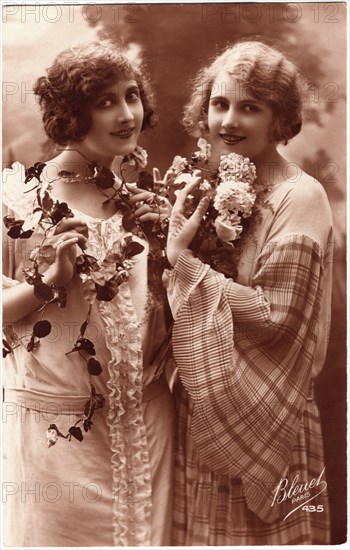 Two Smiling Women with Flowers, Portrait, French Postcard, circa 1910's