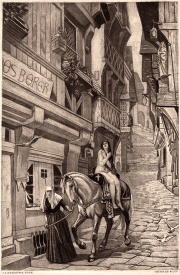 Lady Godiva on Horseback being Guided by Nun on Cobblestone Street, Illustration