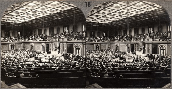 President Wilson Addressing Congress on Question of International Peace & Imminent Danger of War with Germany, February 3, 1917, Stereo Card