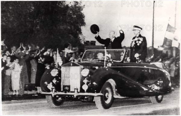 U.S. President Dwight Eisenhower and King Paul of Greece Standing in Convertible Car, Athens, Greece, 1959