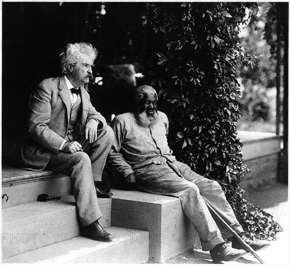 Mark Twain (Samuel Langhorne Clemens, 1835-1910), with John Lewis Sitting on Porch Steps, Elmira, New York, USA, circa 1903