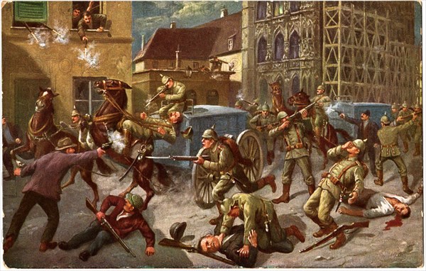 Townspeople Fighting German Soldiers, Louvain, Belgium, "Volkerkrieg 1914-15", German Postcard, circa 1915