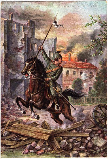 German Soldier on Horseback Jumping over Rubble during World War I Battle, "Im Krige (In War)", German Postcard, circa 1915