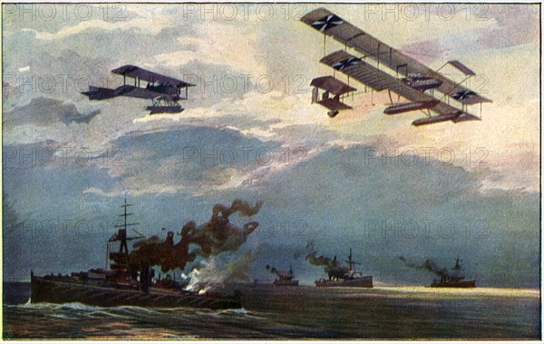 German Airplanes attacking Fleet of Ships, World War I Postcard, circa 1915
