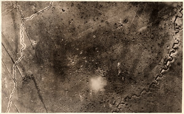 High Angle View of Battlefield with Five Tanks in Action, Soissions, France, WWI, circa 1917