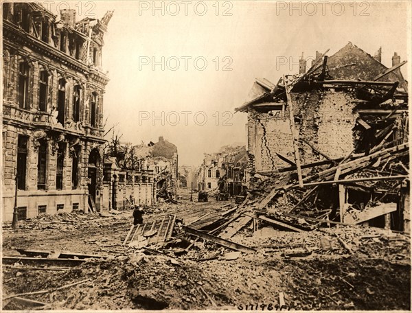 Soldiers Attempted to Clear Rubble of Destroyed Buildings from German Bombings during WWI, Armentieres, France, circa 1918