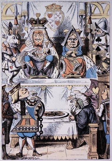 King and Queen of Hearts at the trial of the Knave of Hearts, Alice's Adventure in Wonderland by Lewis Carroll, Hand-Colored Illustration, Circa 1865