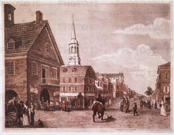 Street Scene, Philadelphia, Pennsylvania, USA, Hand-Colored Engraving, circa 1790