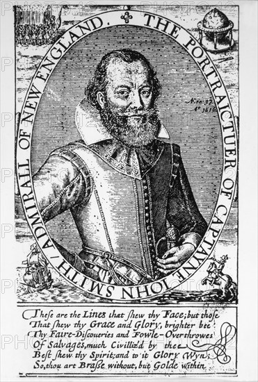 John Smith (1580-1631), Leader of the Virginia Colonists at Jamestown, Engraving from his "A Description of New England", 1616