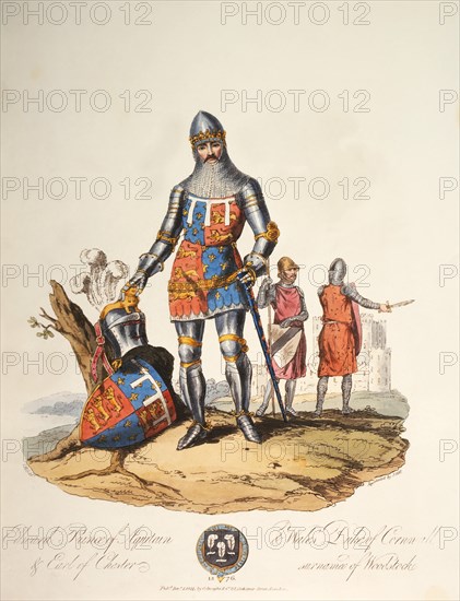 Edward of Woodstock (1330-76), Prince of Aquitaine and Wales, Duke of Cornwall & Earl of Chester, Hand-Colored Engraving