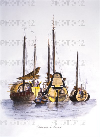 Chinese Sampans, Hand-Colored Lithograph, circa 1827