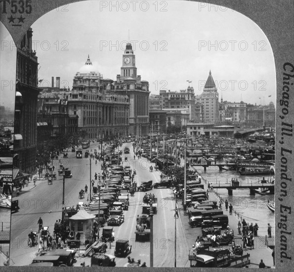 Busy Street Scene, The Bund, Shanghai, China, Single Image of Stereo Card, circa 1900