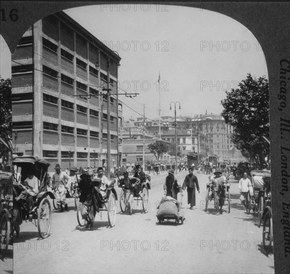 Jinrikishas on the Bund, Shanghai, China, Single Image of Stereo Card, circa 1910