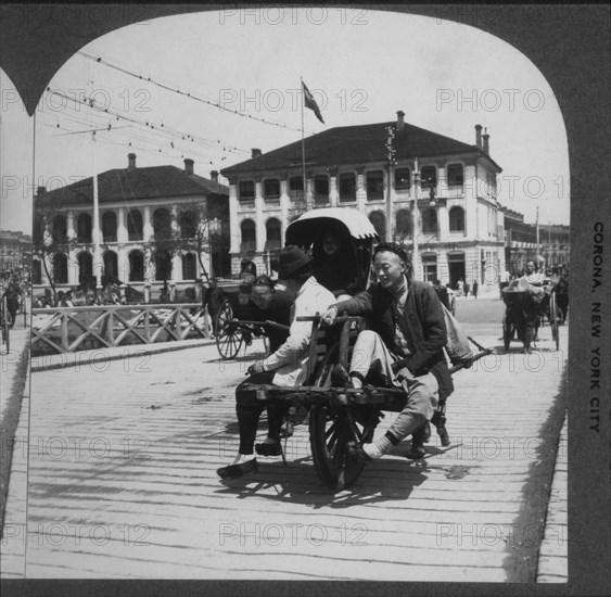 Street Traffice on Bridge over Huangpo River, Shanghai, China, Single Image of Stereo Card, circa 1900