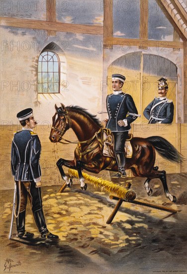 Riding School, First Royal Hanoverian Uhlans Regiment, Chromolithograph, 1899