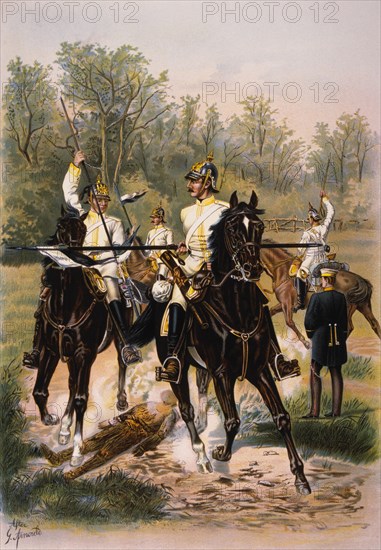 Lance Exercises, 7th Regiment of Cuirassiers "Von Seydlitz", Chromolithograph, 1899