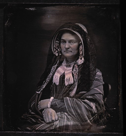 Middle-Aged Woman Wearing Hat and Veil with Shawl Covering Shoulders, Portrait, Daguerreotype, circa 1850's