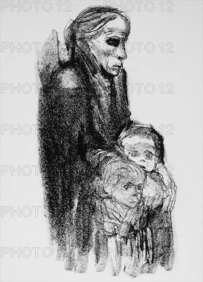 Drawing of Mother with Children, by Kathe Kollwitz (1867-1945), in German Weekly Magazine, Simplicissimus, 1924