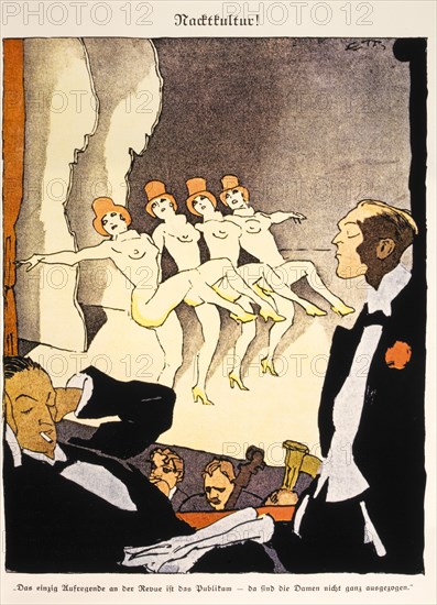 Row of Nude Showgirls, "Nude Culture" (Nachtkultur), Illustration by Eduard Thony in German Weekly Magazine, Simplicissimus, 1926