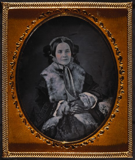 Woman in Bonnet and Coat with Fur Collar, Seated Portrait, Daguerreotype, circa 1850's