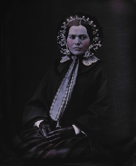 Woman in Bonnet and Coat, Seated Portrait, Daguerreotype, circa 1850's