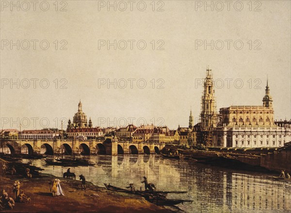 Dresden seen from the Right Banks of the river Elbe below the bridge Augustus, Painting by Bernardo Bellotto, also known as Canaletto (1721-1780), 1748