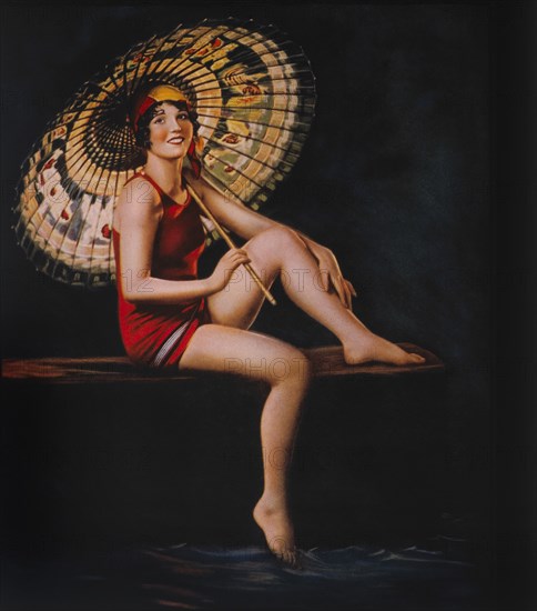 Woman in One-Piece Swimsuit Holding Parasol, "Neptune's Sweetheart", Lithograph, 1935