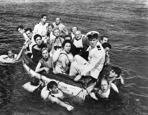 David Langton, Tyrone Power, Gordon Jackson, Mai Zetterling, Moira Lister, Stephen Boyd, on-set of the Film, Abandon Ship!" (aka Seven Waves Away), 1957