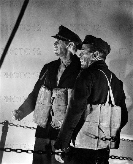 Raymond Massey and Humphrey Bogart, on-set of the Film, "Action in the North Atlantic", 1943