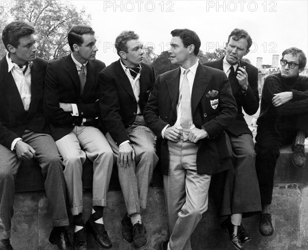 John Richardson, Philip Gilbert, Peter Myers, Ronald Lewis, Jeremy Burnham, Charles Kay, on-set of the Film, "Bachelor of Hearts", 1958