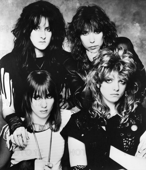 Girlschool, (clockwise from top left), Kim McAuliffe, Denise Dufort, Kelly Johnson, Gil Weston, Portrait, circa early 1980's