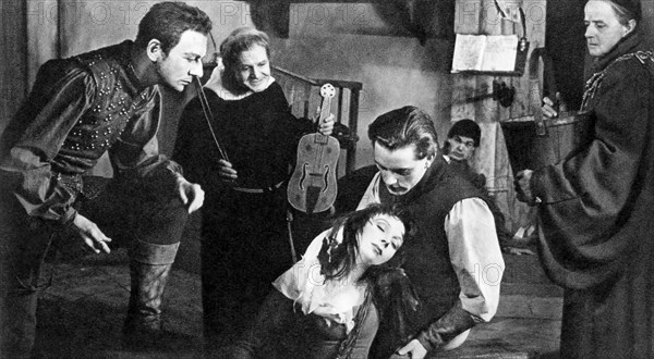 John Gielgud, Pamela Brown, Richard Burton, (kneeling), on-set of the Broadway Play "The Lady's Not for Burning", Royale Theater, New York, 1950