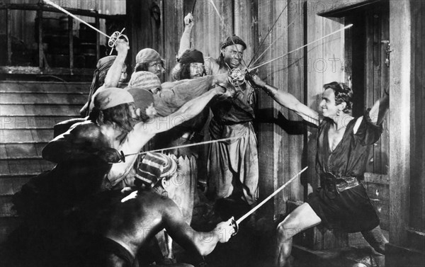 Douglas Fairbanks (right), on-set of the Silent Film "The Black Pirate", 1926