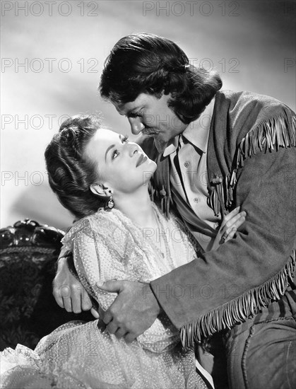 Maureen O'Hara, Joel McCrea, on-set of the Film "Buffalo Bill", 20th Century Fox, 1944