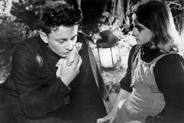 Claude Laydu, Matine Lemaire, on-set of the Film "Diary of a Country Priest" (aka Journal D'un Cure de Campagne), 1951