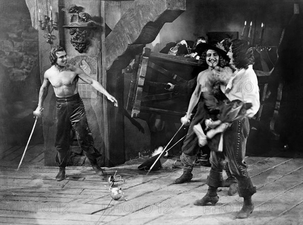 Douglas Fairbanks, Gino Corrado, Leon Bary, on-set of the Film "The Iron Mask", 1929