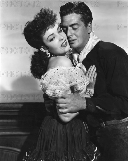 Linda Darnell, Victor Mature, on-set of the Film "My Darling Clementine", 20th Century Fox, 1946