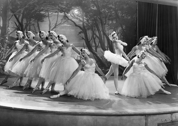 Moira Shearer, (standing, right of center), on-set of the Film "The Red Shoes", 1948