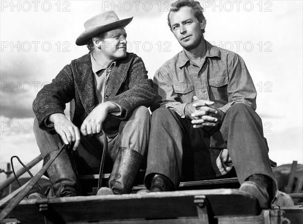 Van Heflin, Alan Ladd, on-set of the Film "Shane", 1953