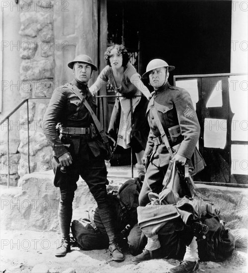 Victor McLaglen, Dolores Del Rio, Edmund Lowe, on-set of the Silent Film "What Price Glory", 20th Century Fox, 1926