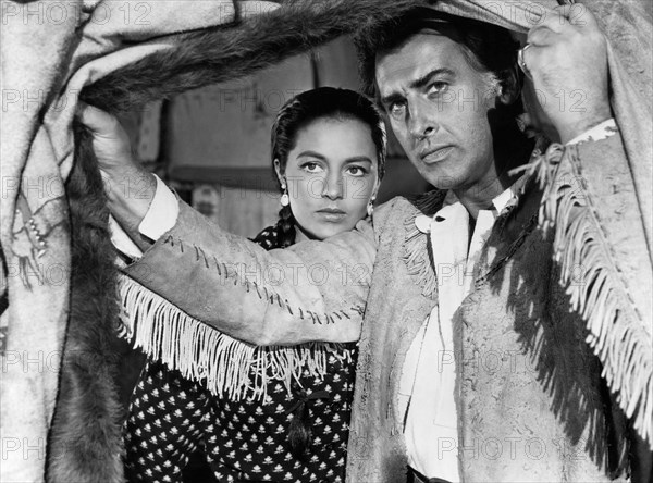 Cyd Charisse, Stewart Granger, on-set of the Film "The Wild North" (aka The Big North), 1952