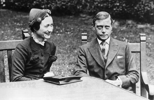 Duke of Windsor, formerly King Edward VIII, with Mrs. Wallis Simpson, Chateau de Cande, near Tours, France, 1937