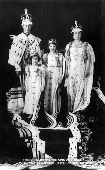 King George VI, H.M. Queen Elizabeth, Princesses Elizabeth and Margaret, of United Kingdom, at Coronation, May 12, 1937