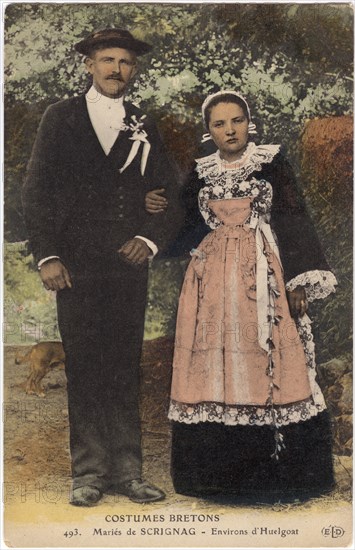 Married Couple in Breton Costumes, Huelgoat, France, Postcard, circa 1910