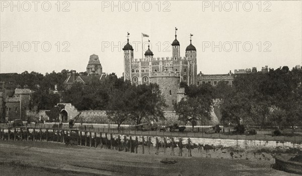 Tower of London, View from Tower Bridge, London, England, H.M. Office of Works, photogravure by Harrison & Sons Ltd London , Postcard, circa 1920