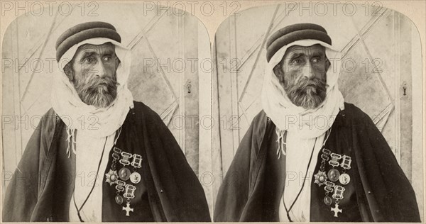 Sheikh el Rachid, Chief of the Escorts and Greatest Bedouin of Palestine, Stereo Card, 1900