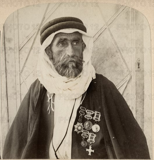 Sheikh el Rachid, Chief of the Escorts and greatest Bedouin of Palestine, Single Image of Stereo Card, 1900