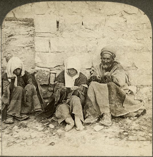 Unclean! Unclean! Wretched lepers outside of Jerusalem,  Palestine, Single Image of Stereo Card, circa 1896