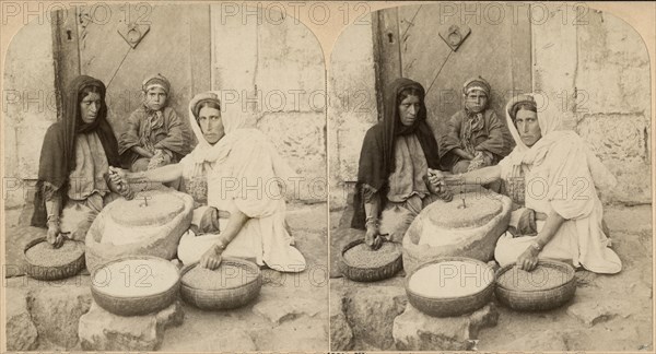Women Grinding at the Mill, Palestine, Stereo Card, circa 1900